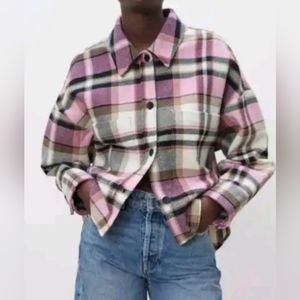 New Zara Pink Check Overshirt Plaid Shacket Womens Size Small Oversized